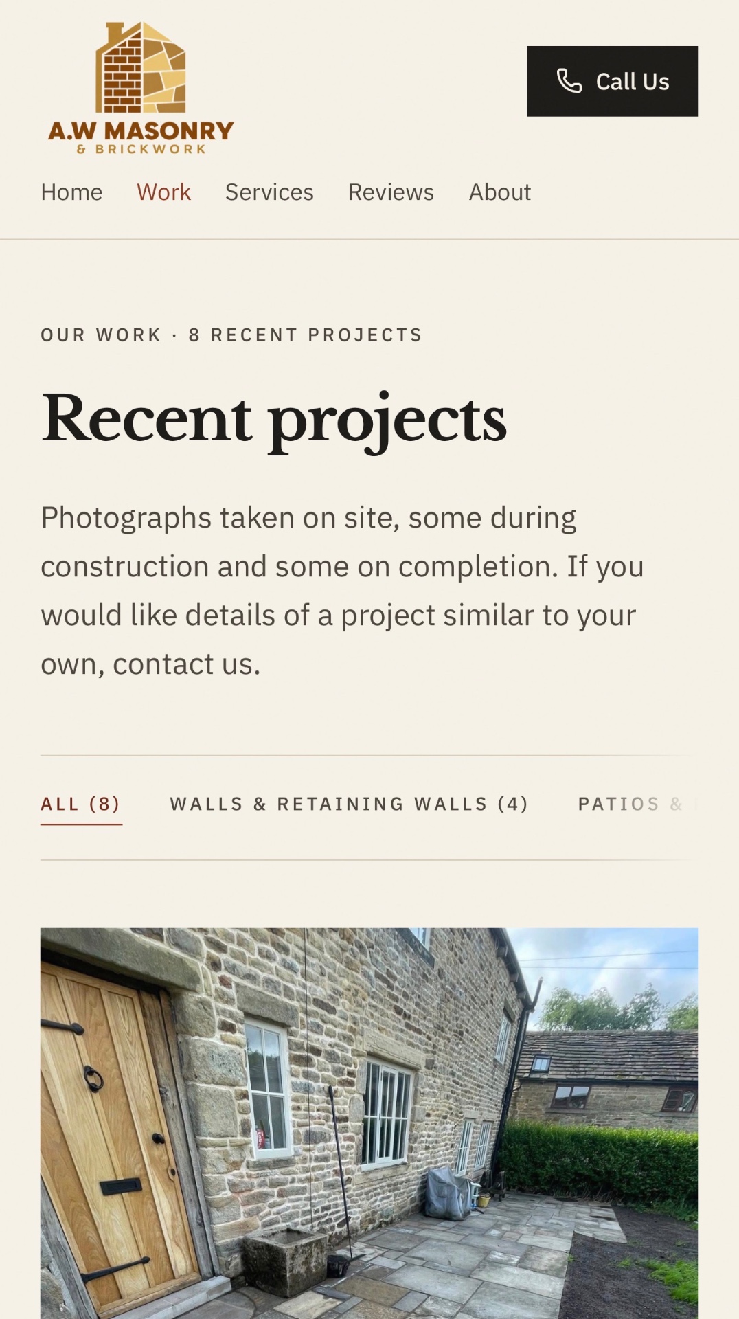 A.W Masonry work page: “Recent projects”, category navigation and project gallery