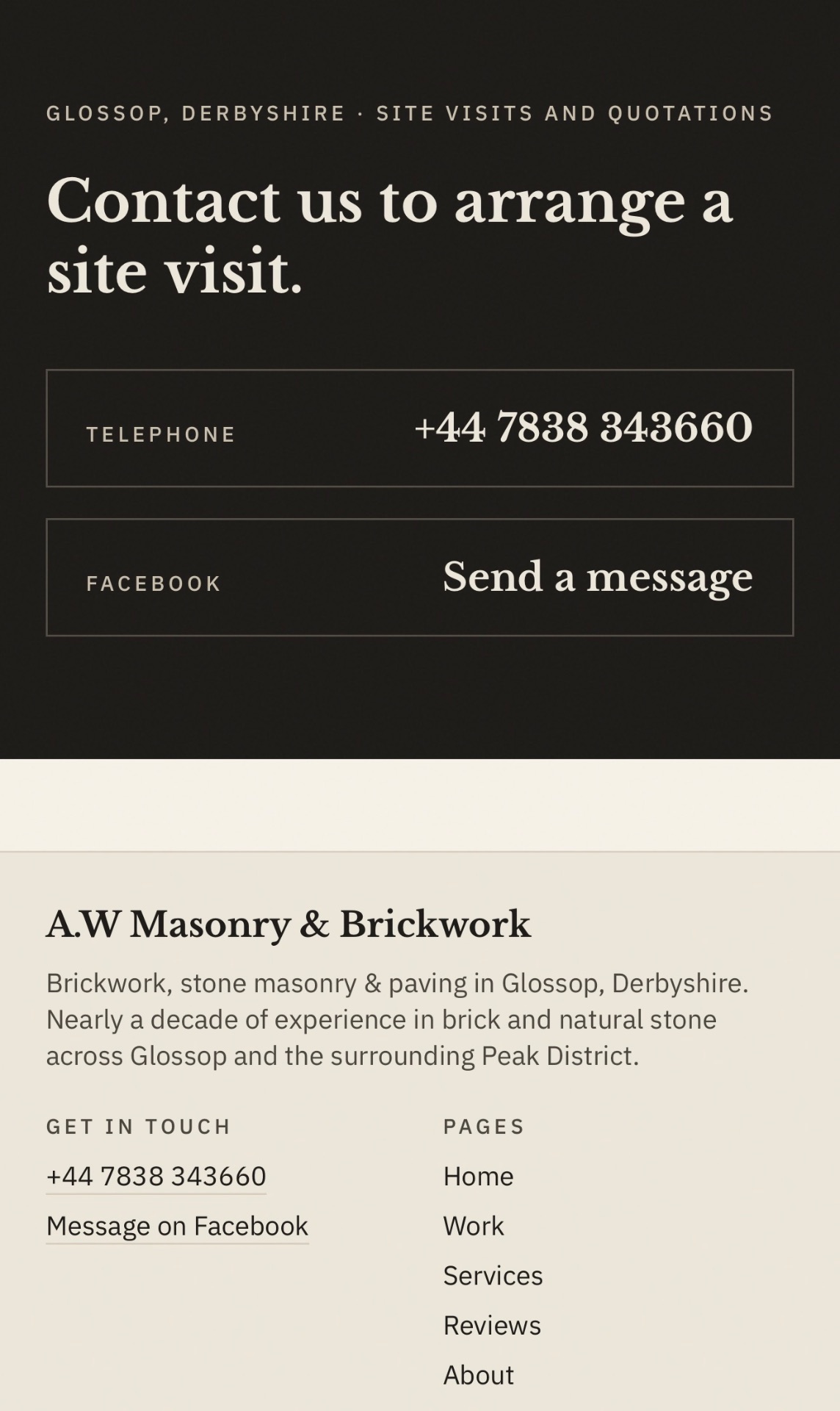 A.W Masonry contact section: “Contact us to arrange a site visit” with telephone and Facebook options
