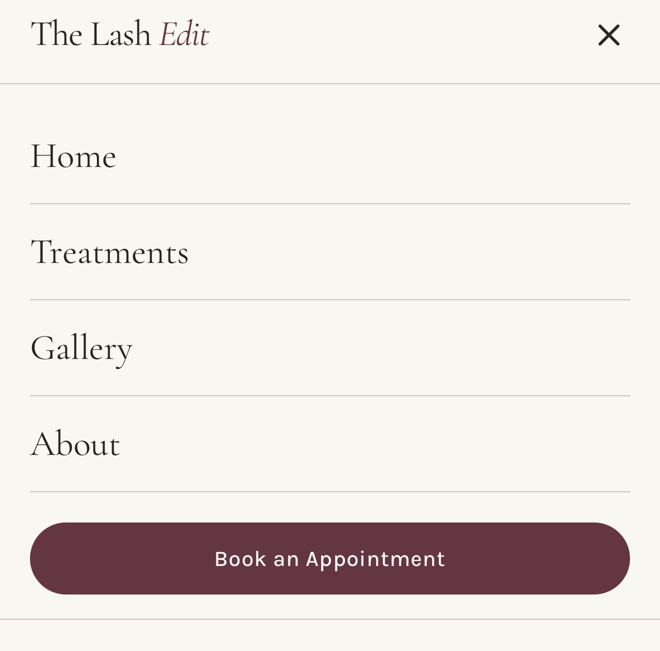 The Lash Edit mobile navigation menu: Home, Treatments, Gallery, About and Book an Appointment
