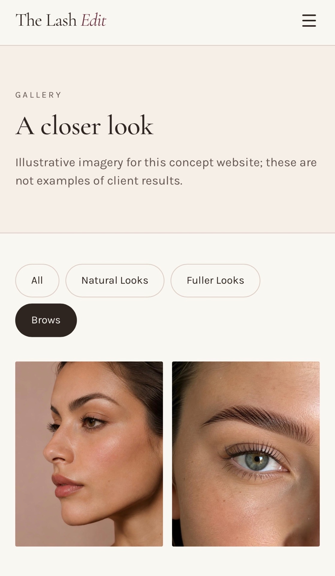 The Lash Edit gallery: “A closer look”, category filters and two beauty photographs