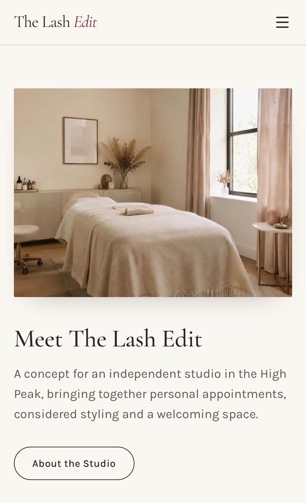 The Lash Edit studio introduction: “Meet The Lash Edit” with a photograph of the treatment room and an About the Studio button