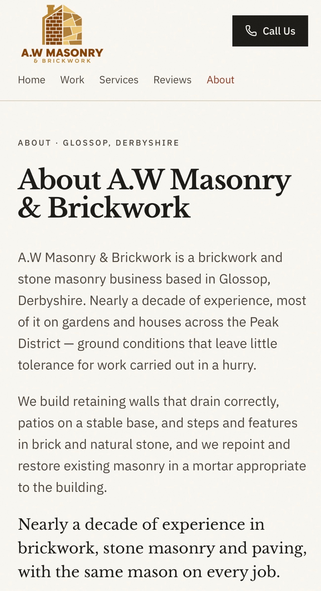 A.W Masonry about page: “About A.W Masonry & Brickwork” with introduction and experience text