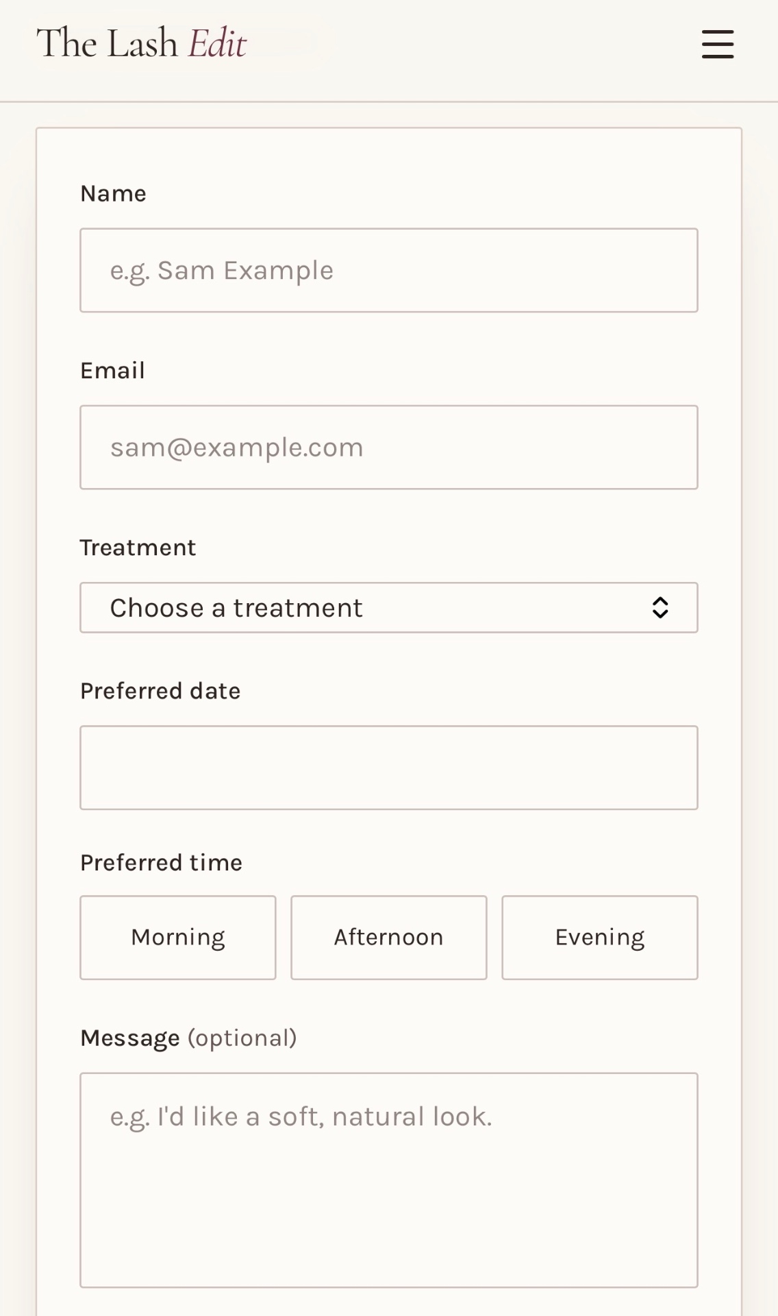 The Lash Edit demonstration booking enquiry form with name, email, treatment, preferred date and time fields