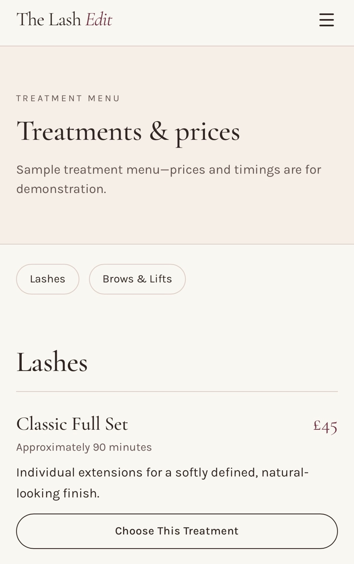 The Lash Edit treatments and prices page: sample treatment menu with Lashes and Brows & Lifts filters, showing Classic Full Set at £45